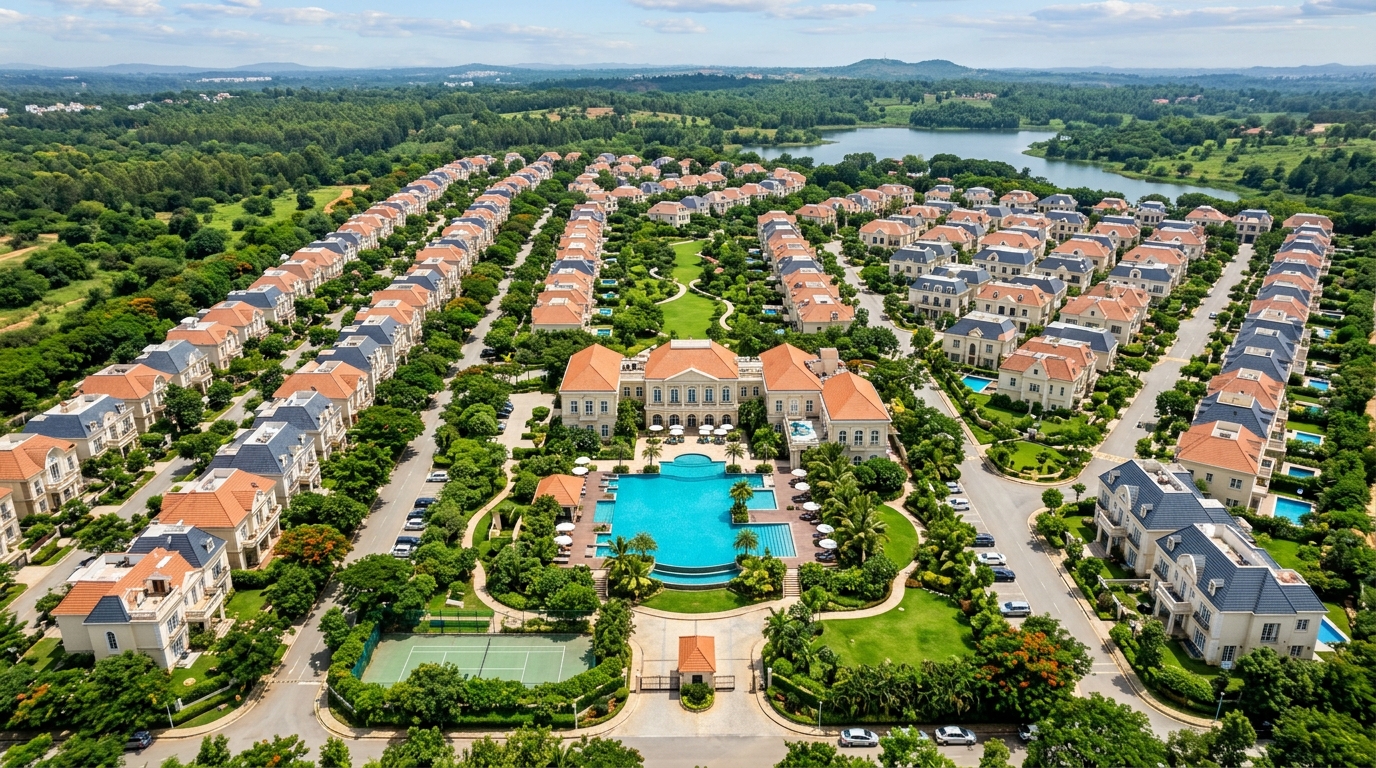 Aerial view of 20-acre lush Godrej Soukya Road Villa Community