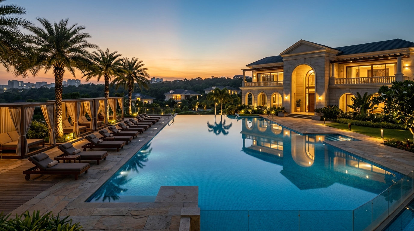 Resort clubhouse and infinity pool at twilight
