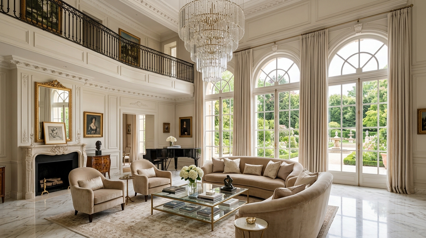 Double Height Living Room with Grand Arched French Windows