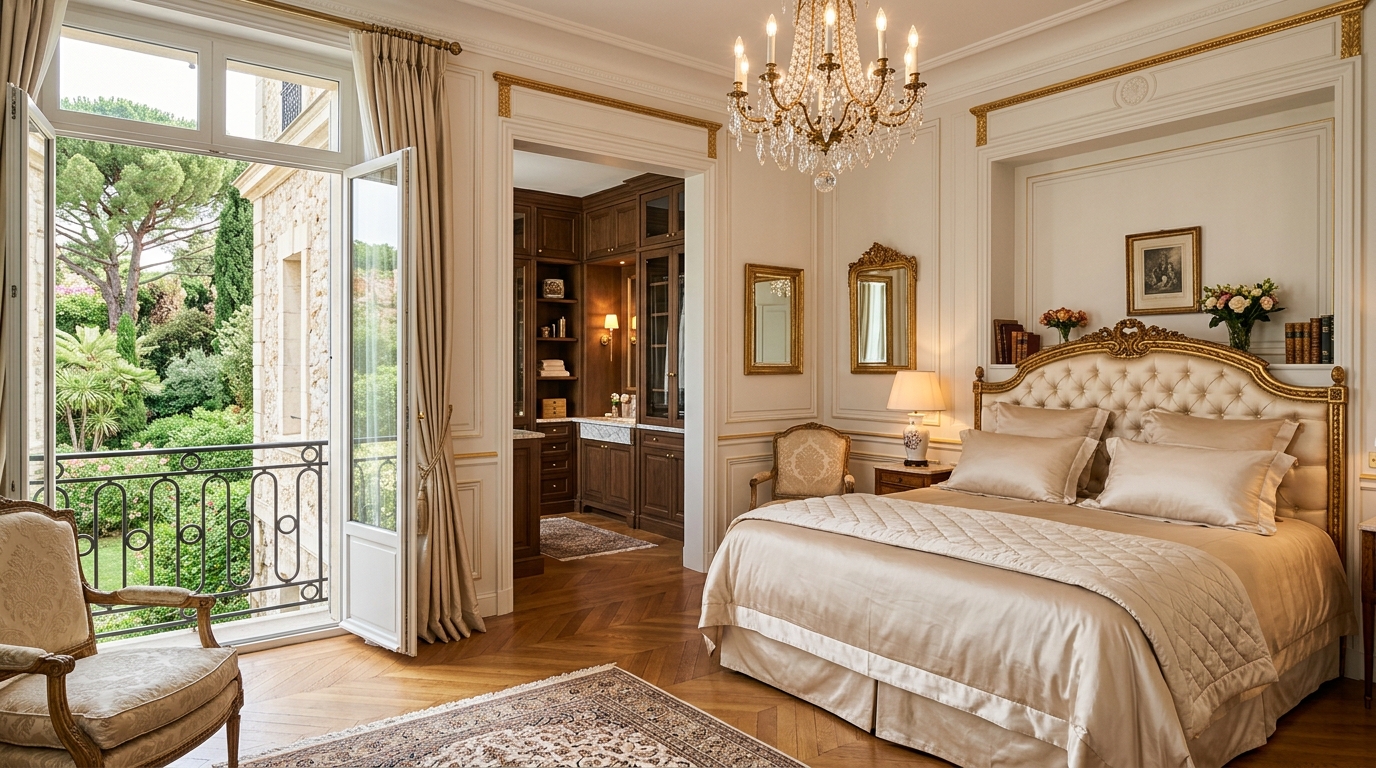 Master bedroom suite with French balcony overlooking greenery